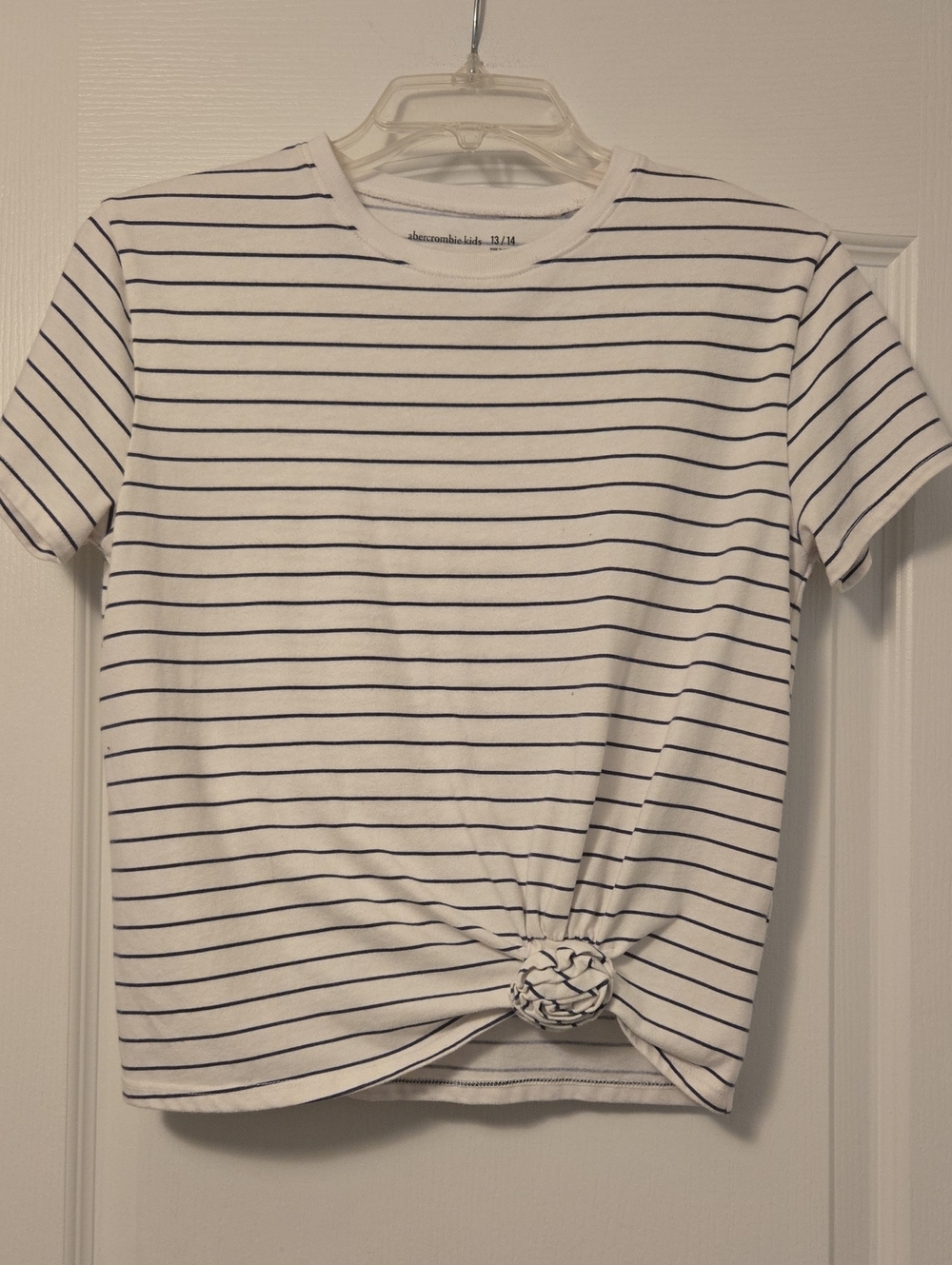 abercrombie kids White Tee with Navy Stripes and Front Knot, Size 13/14